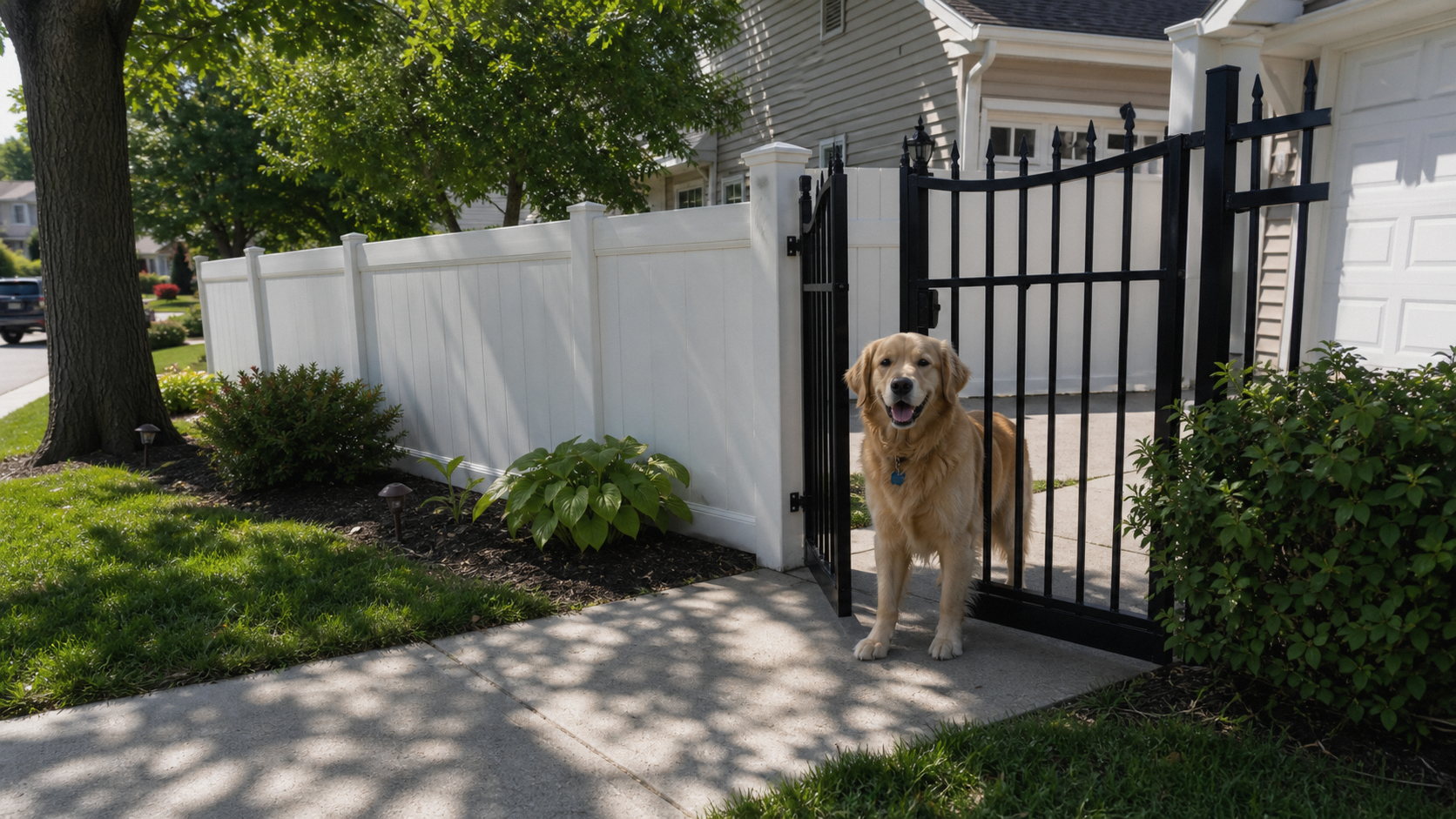 Clean Oakland County neighborhood yard with dog near a gate