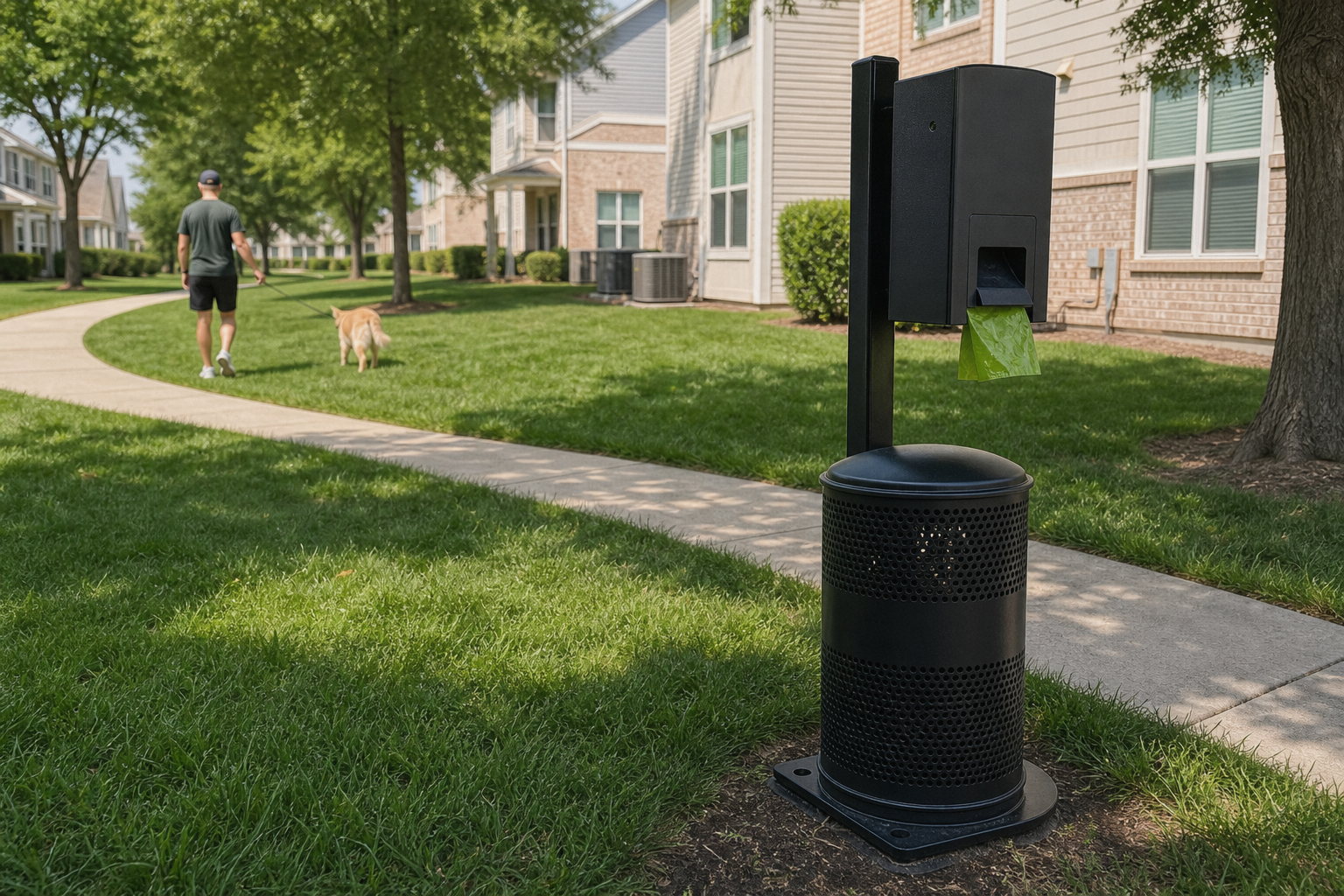 Clean apartment community pet waste station with dog walker nearby
