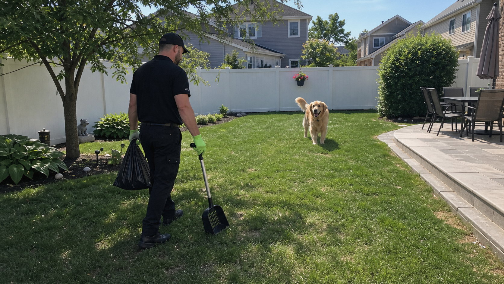 PooBusterz service technician in a clean backyard with a happy dog