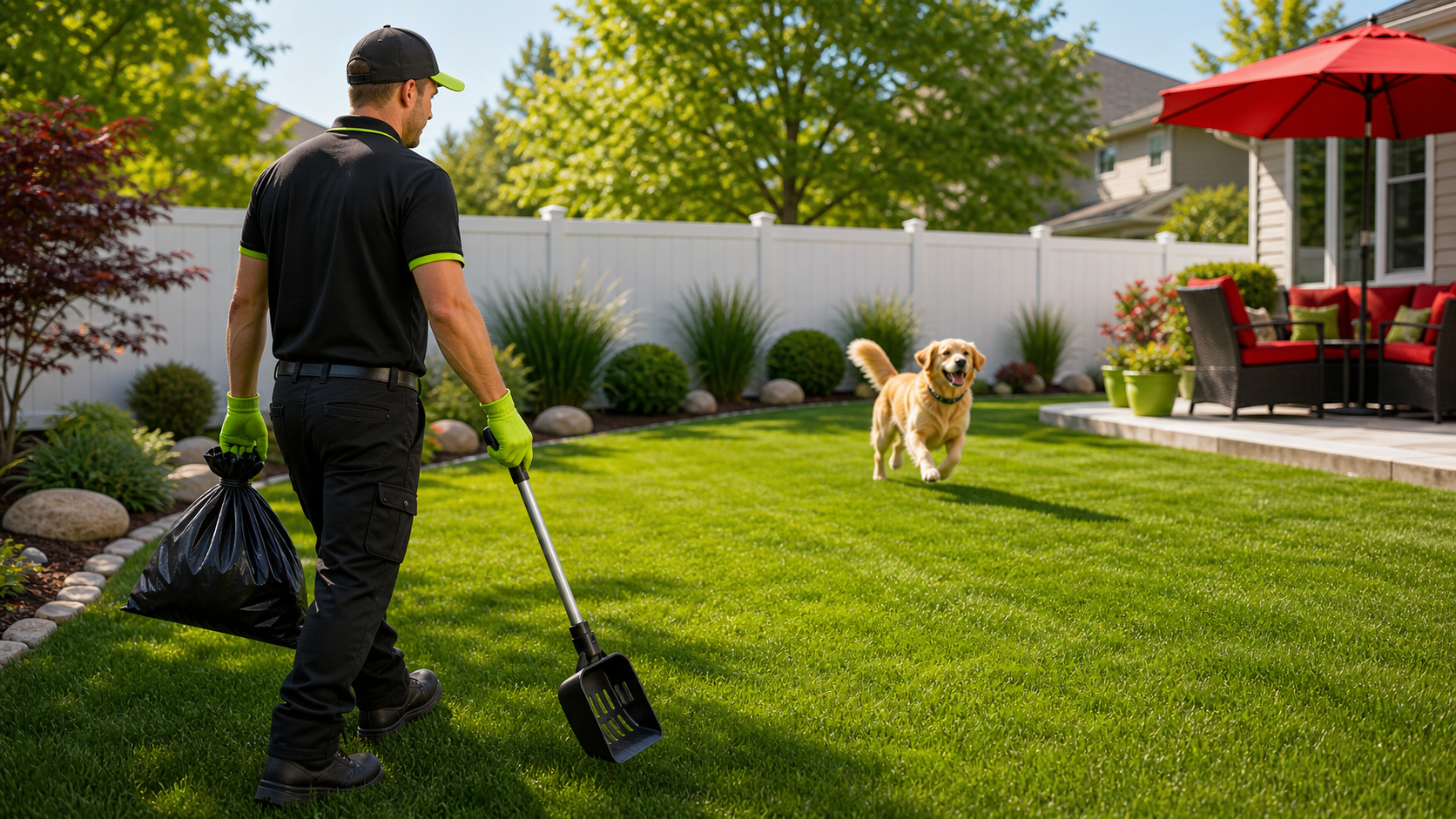 Service technician walking through clean backyard with dog